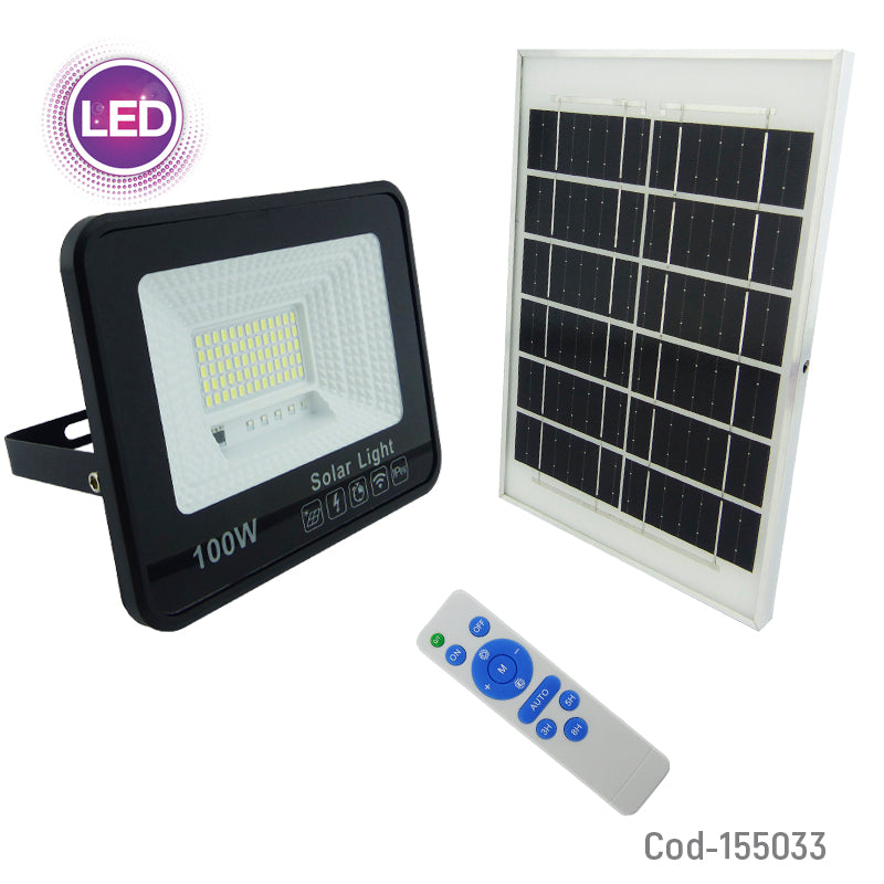 Proyector Solar LED De 100 Watt, 65 LED Con Panel Solar Y Control Remoto
