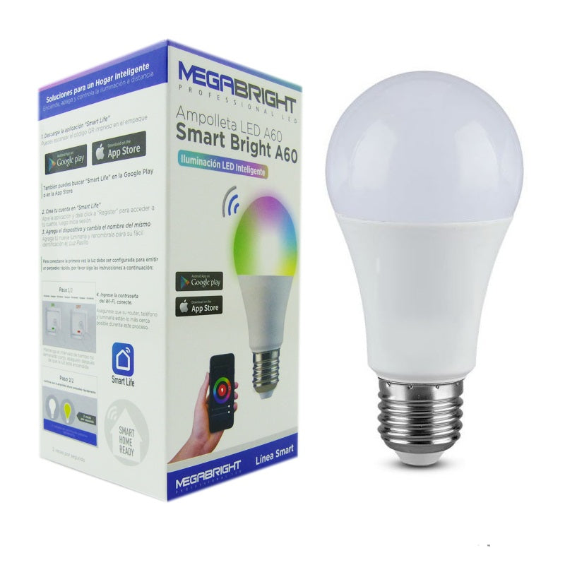 Ampolleta LED Smart A60 RGB Inteligente, E-27, Conectividad Para Smartphone.
