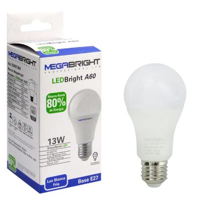 Ampolleta LED 13Watt E-27, A60 Luz Fria, Megabright