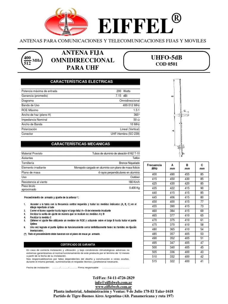 Antena Base Aluminio 136-174 MHZ EIFFEL VHFO-5DB 7DB