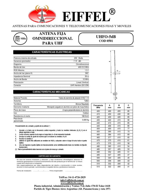 Antena Base Aluminio 136-174 MHZ EIFFEL VHFO-5DB 7DB