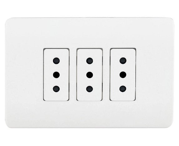 Placa armada tomacorriente triple 10A 2P+T Génesis blanco Schneider