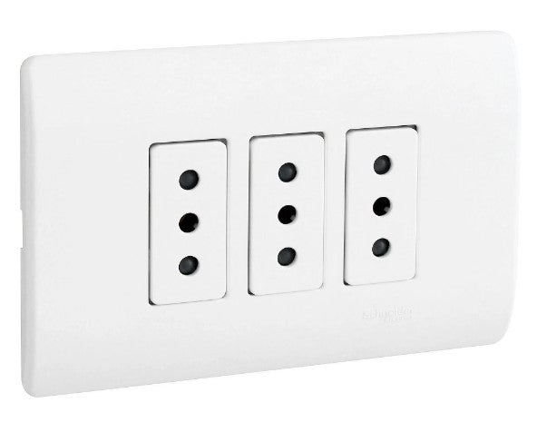 Placa armada tomacorriente triple 10A 2P+T Génesis blanco Schneider