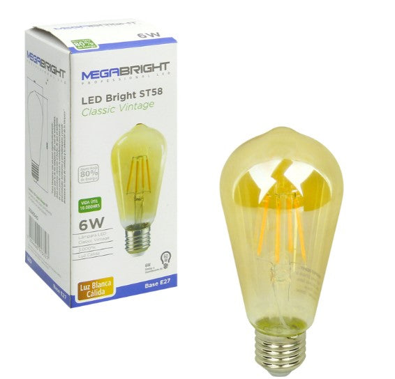 Ampolleta LED Classic Vintage, Luz Calida, 6Watt, E27, Megabright.